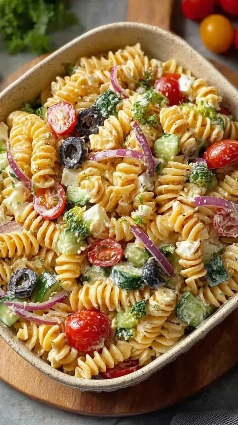 A vibrant high-protein pasta salad with grilled chicken, cherry tomatoes, and feta in a large bowl.