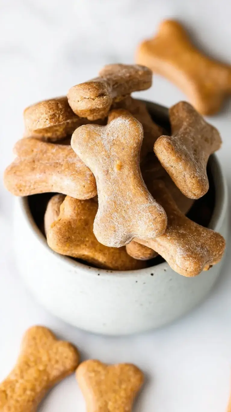 Golden brown bone-shaped homemade peanut butter dog treats on a white cooling rack.
