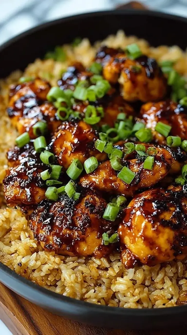 A bowl of sticky honey BBQ chicken over white rice with green onions