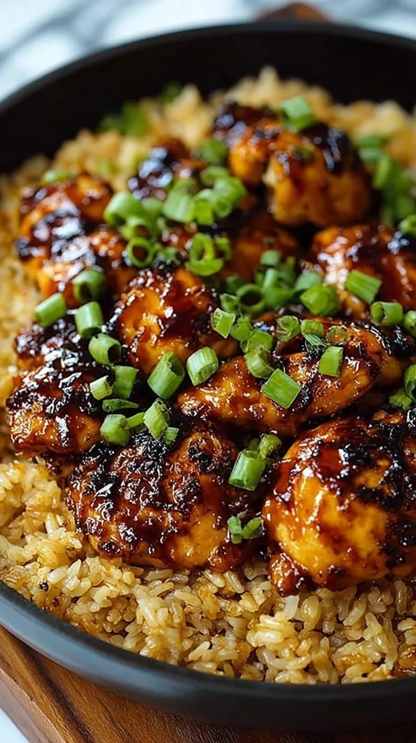 A bowl of sticky honey BBQ chicken over white rice with green onions