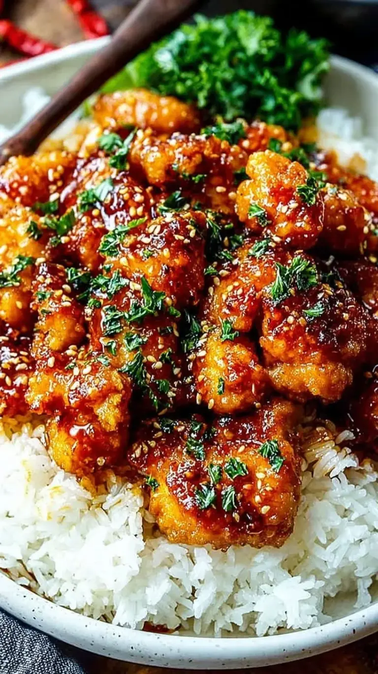 Glossy honey garlic chicken cubes in a skillet with a thick brown sauce