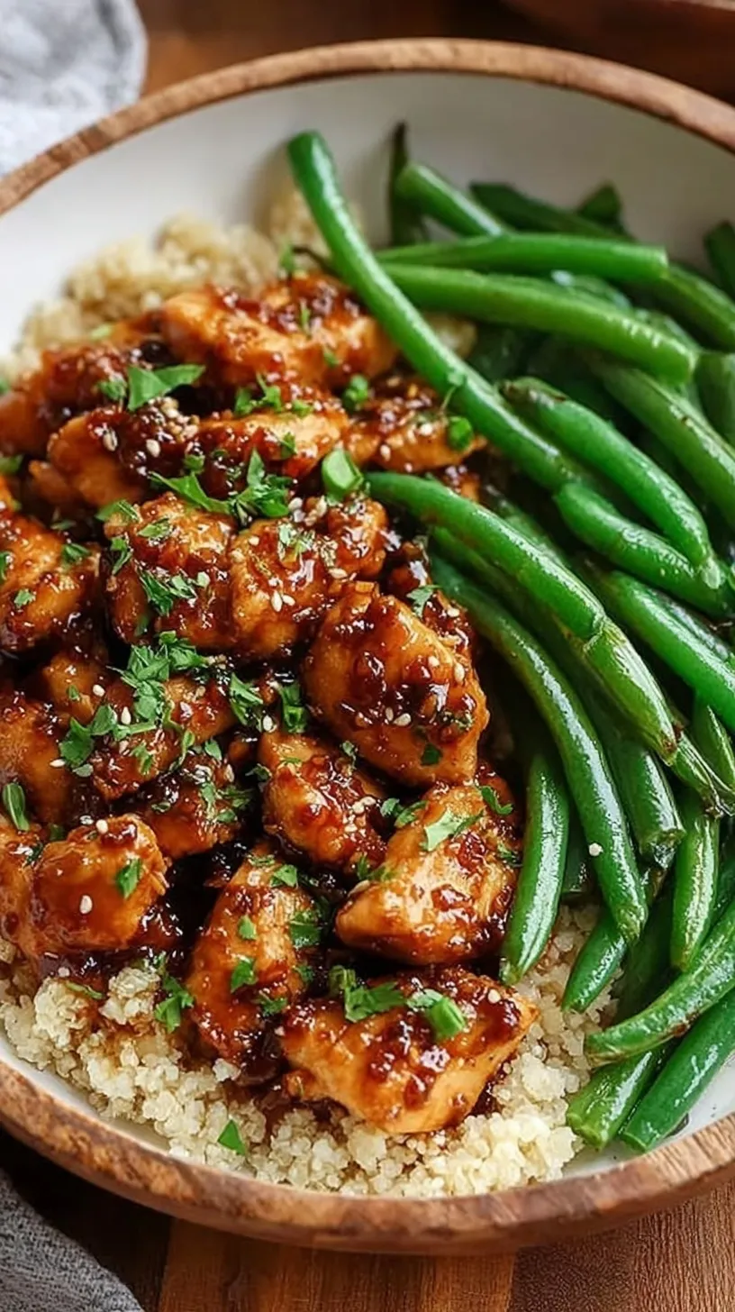 A glossy honey garlic chicken stir-fry with bright green beans in a large skillet
