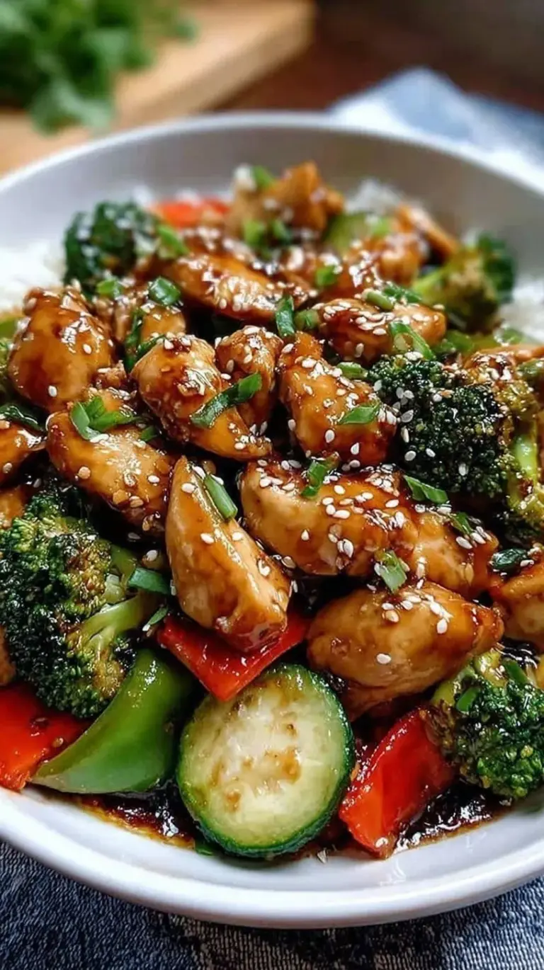 A vibrant Honey Garlic Chicken Stir Fry with broccoli and red peppers in a glossy sauce