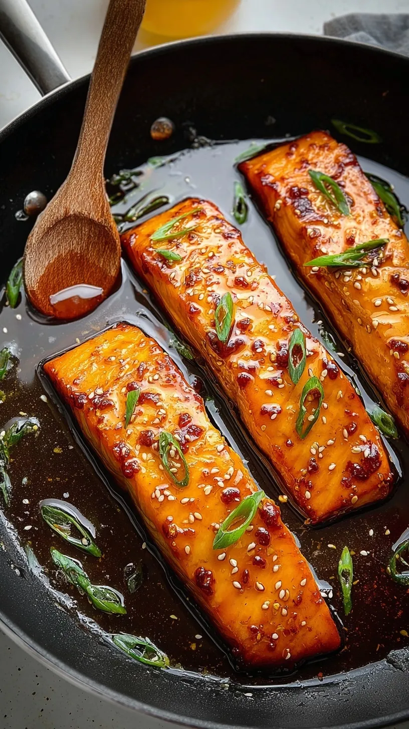 Pan-seared honey glazed salmon fillets with a sticky brown sauce and fresh parsley garnish in a skillet