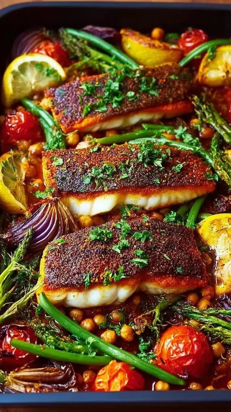 Glazed barramundi fillets on a sheet pan with roasted peppers, zucchini, and chickpeas