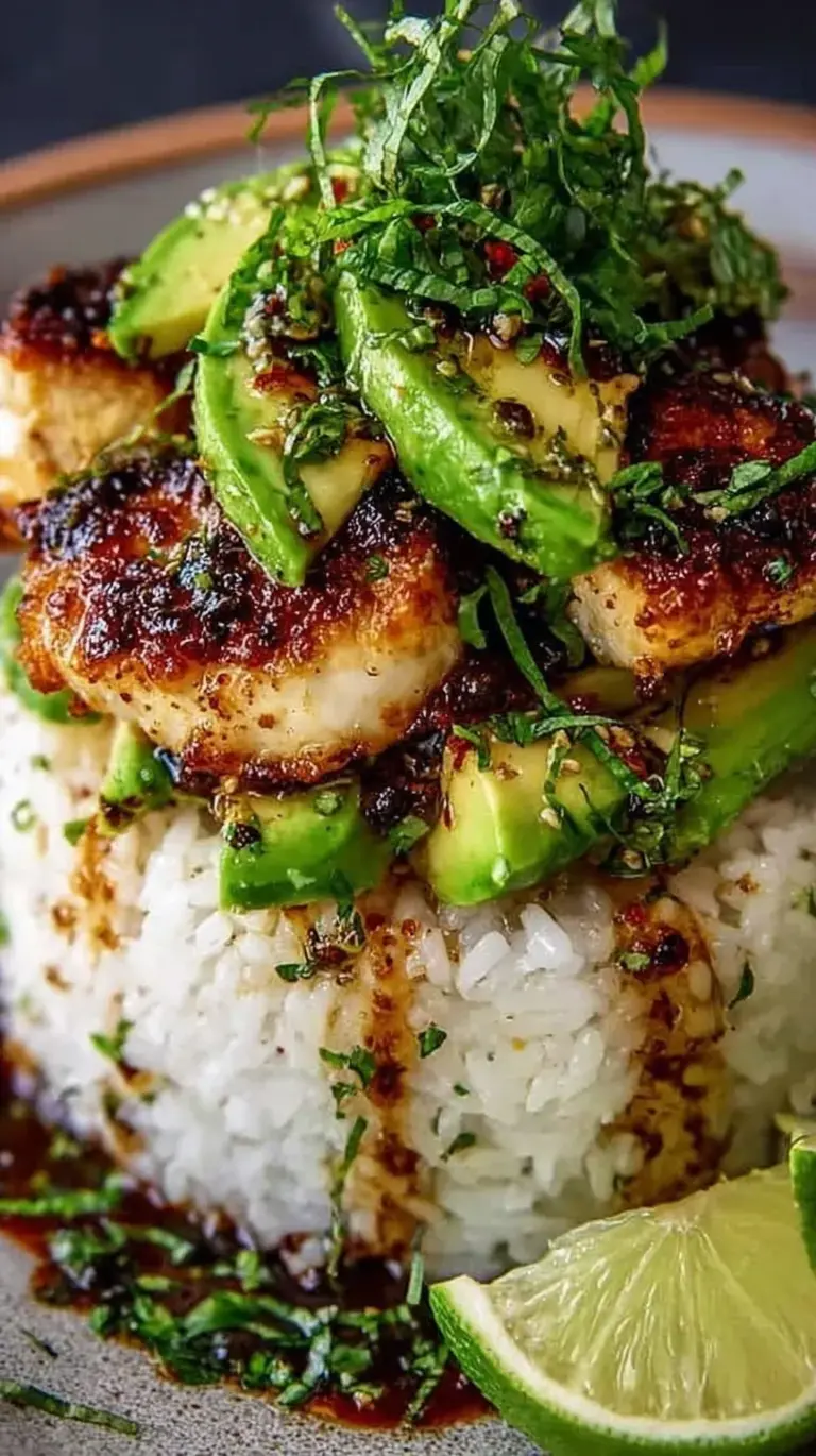 A perfectly layered honey lime chicken, avocado, and cilantro rice stack on a white plate