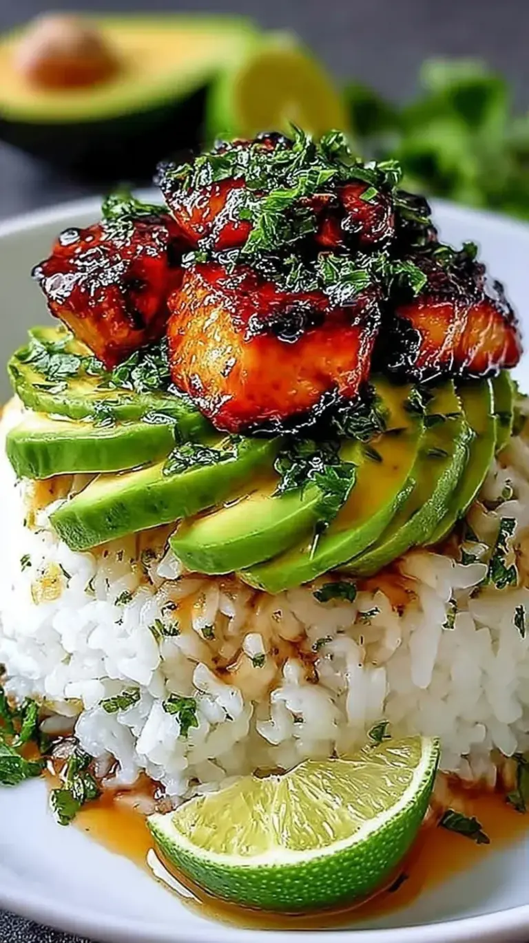A vibrant bowl of honey lime glazed chicken served over cilantro rice with fresh diced avocado and lime wedges.