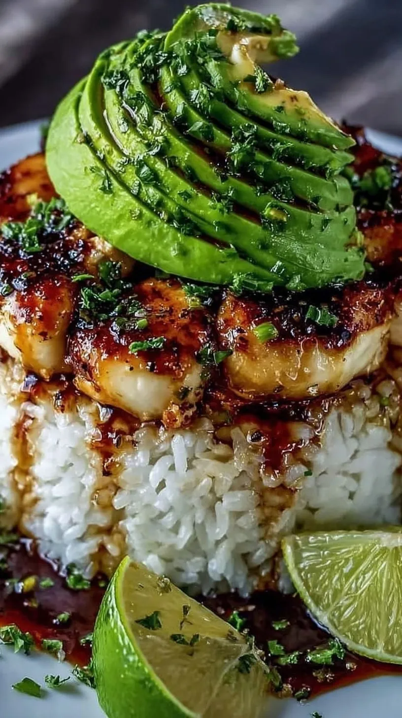 A beautiful layered Honey Lime Chicken Rice Stack with avocado and cilantro lime rice