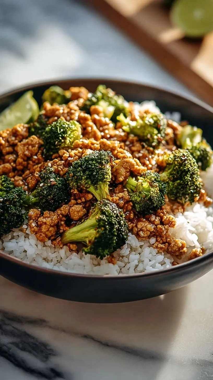 A skillet filled with honey sriracha ground chicken and vibrant green broccoli florets topped with sesame seeds and green onions.