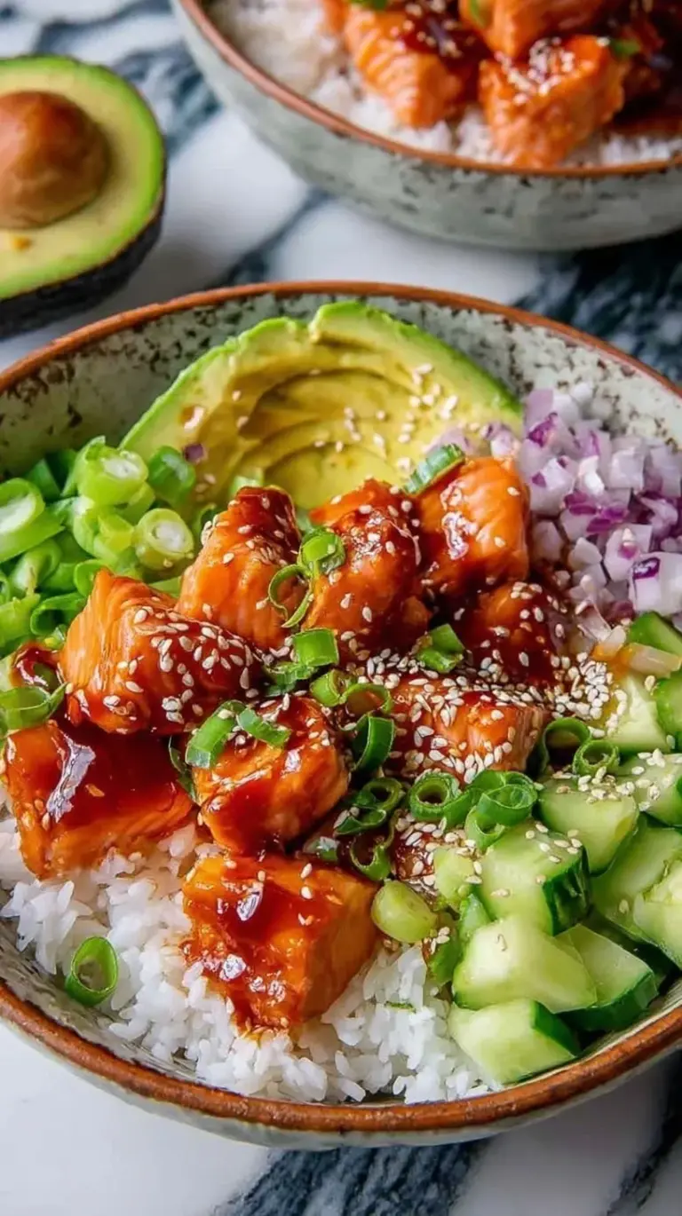 Two Honey Sriracha Salmon Bowls with jasmine rice, cucumber, and edamame