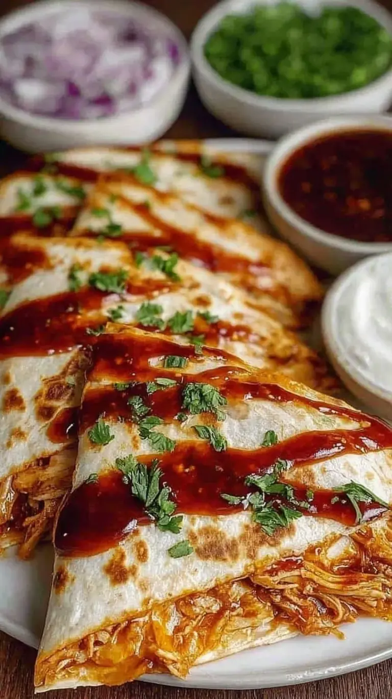 Crispy golden brown quesadillas filled with BBQ chicken and melted cheese on a cutting board