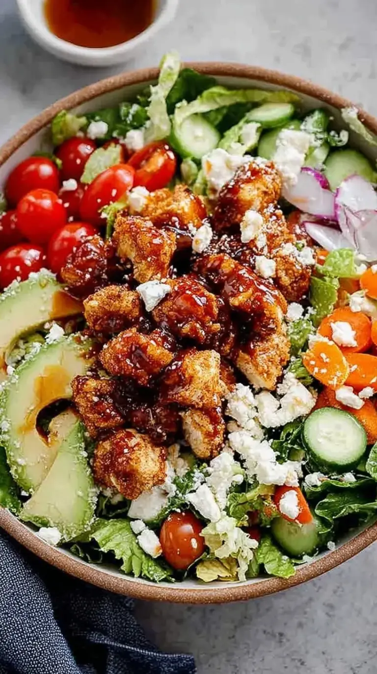 Sliced hot honey glazed chicken on a bed of fresh greens with cherry tomatoes and cucumbers