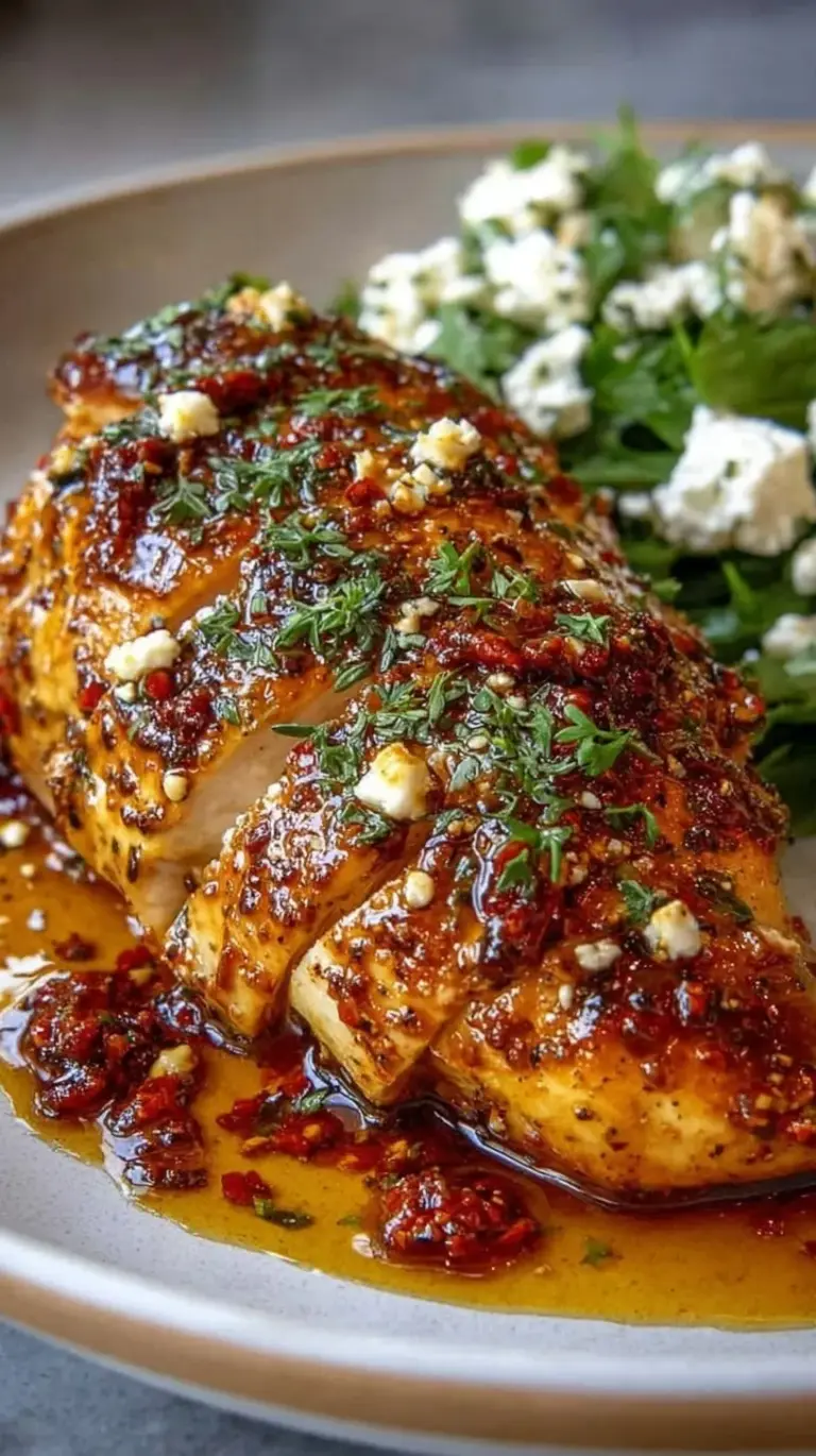 Pan-seared chicken breasts glazed in hot honey and topped with crumbled feta cheese in a skillet