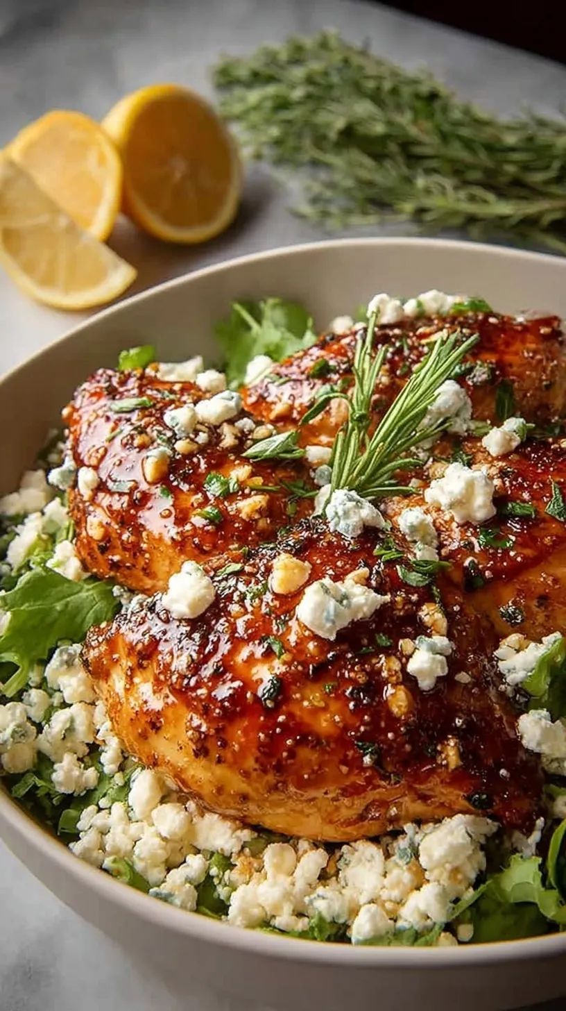 Pan-seared chicken breast topped with melted feta cheese and a spicy red pepper honey glaze in a skillet.