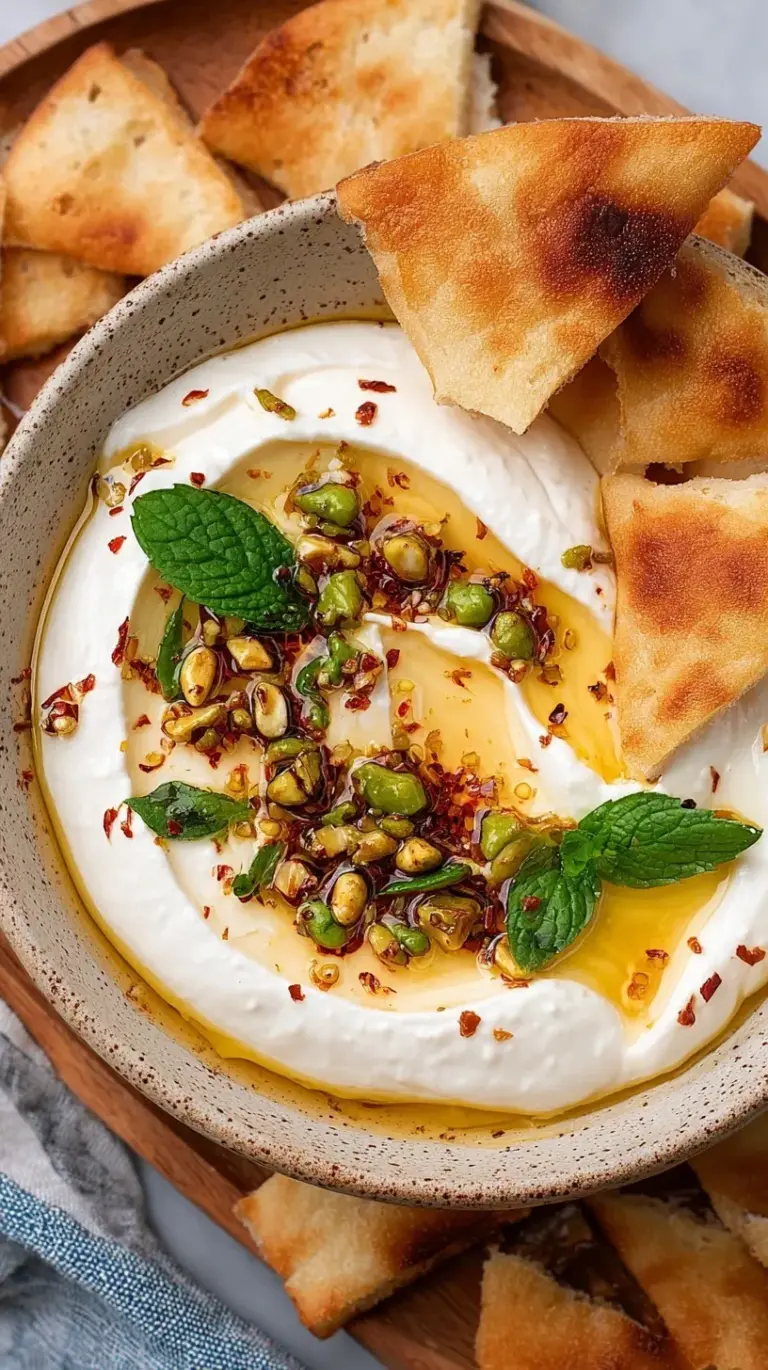 A bowl of silky smooth whipped cottage cheese topped with a swirl of hot honey and fresh chives.