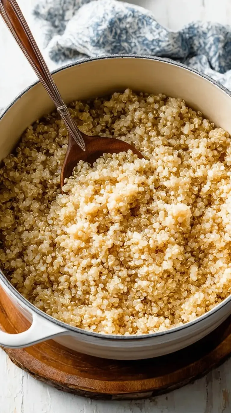 A bowl of light and airy cooked quinoa being fluffed with a fork