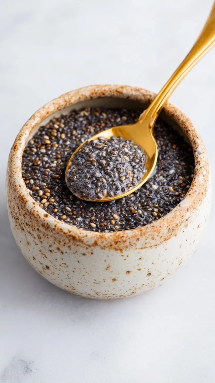 A small glass bowl containing a thick, gelatinous chia egg substitute with a whisk nearby.