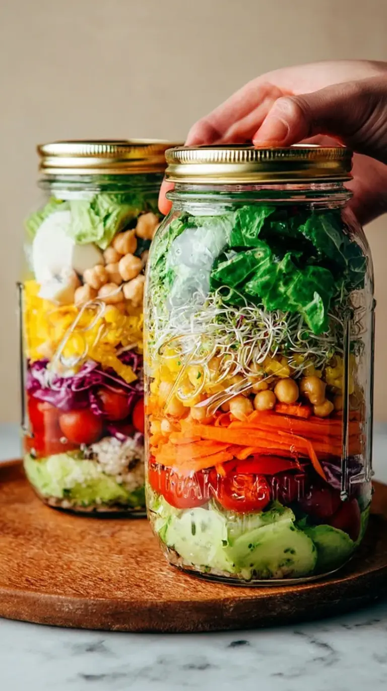 A vibrant Mediterranean Chickpea Mason Jar Salad layered with spinach, quinoa, and chickpeas