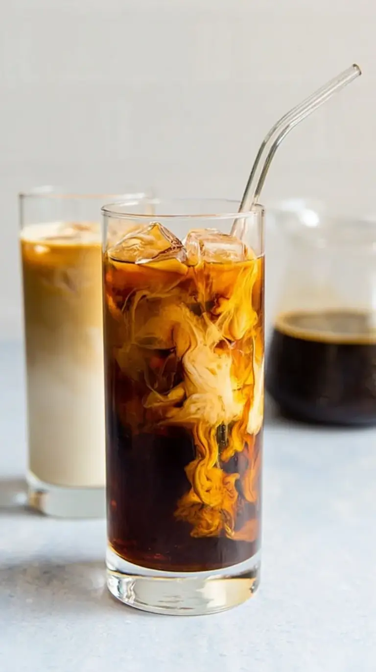 A glass bottle of dark cold brew coffee concentrate next to a glass of iced coffee with milk swirls.