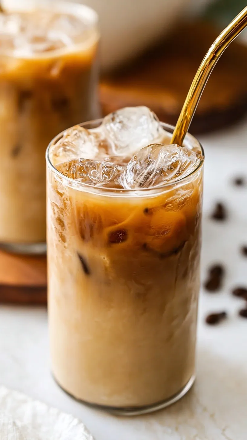A glass of vibrant Japanese-Style Flash-Chilled Iced Coffee being swirled over fresh ice cubes.
