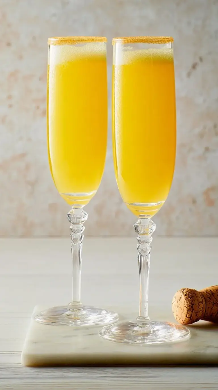 A chilled champagne flute filled with a bright orange Perfect Mimosa and garnished with an orange slice.