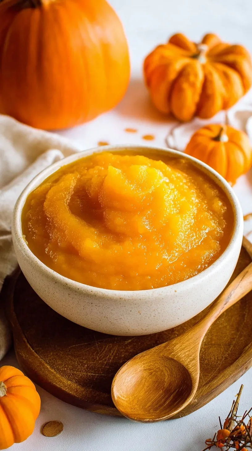 A bowl of vibrant, smooth orange homemade pumpkin puree next to a roasted sugar pumpkin.