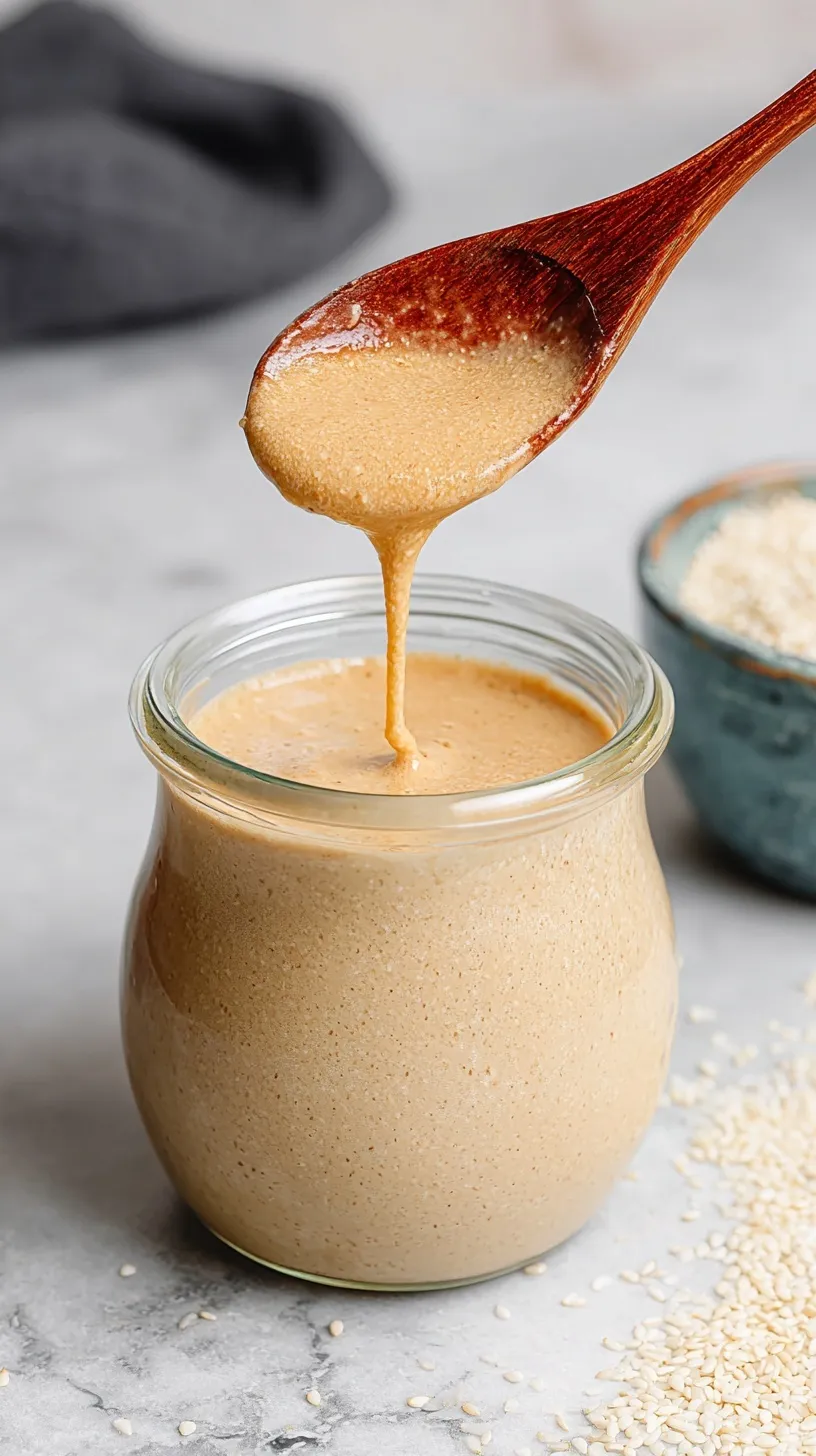 Smooth, creamy homemade tahini being poured into a glass jar from a food processor