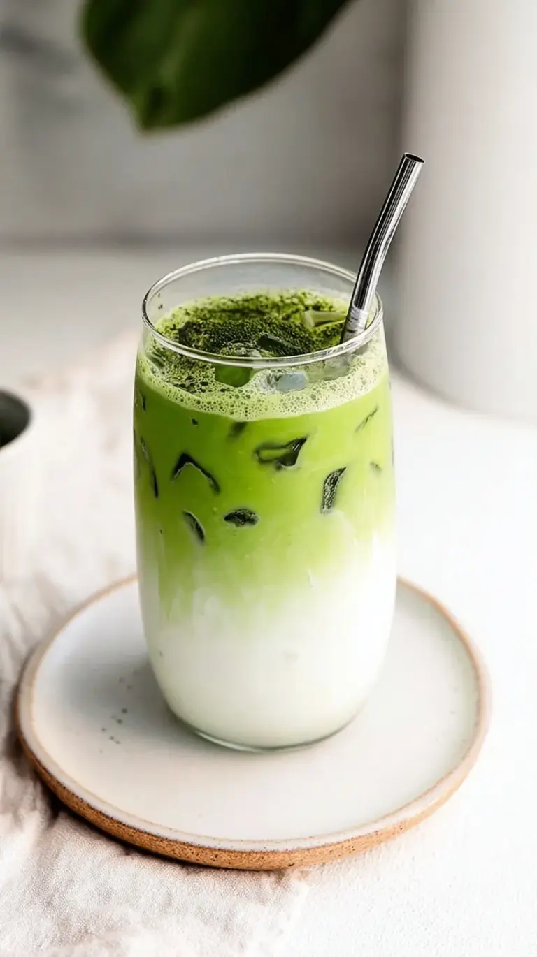 A tall glass of layered iced matcha latte with vibrant green tea and creamy white milk
