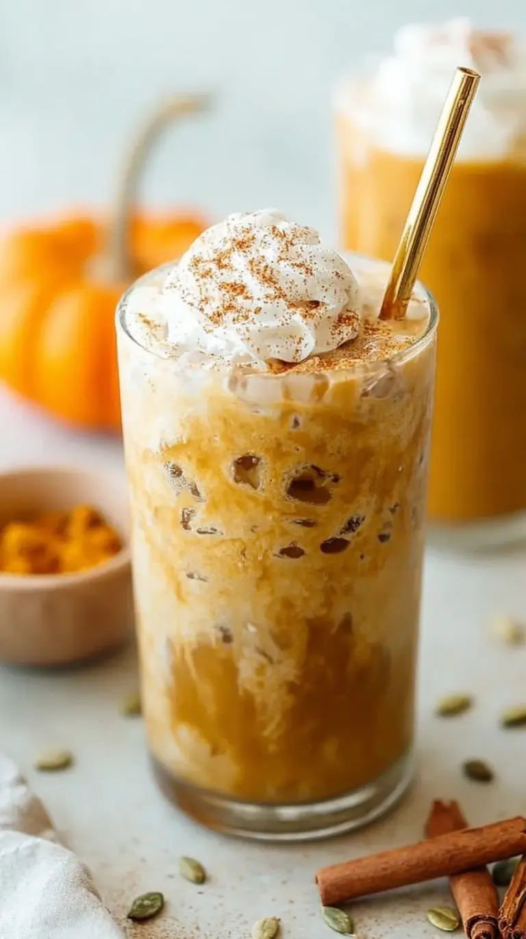A tall glass of frothy Iced Protein Pumpkin Spice Latte with a dusting of spice on top