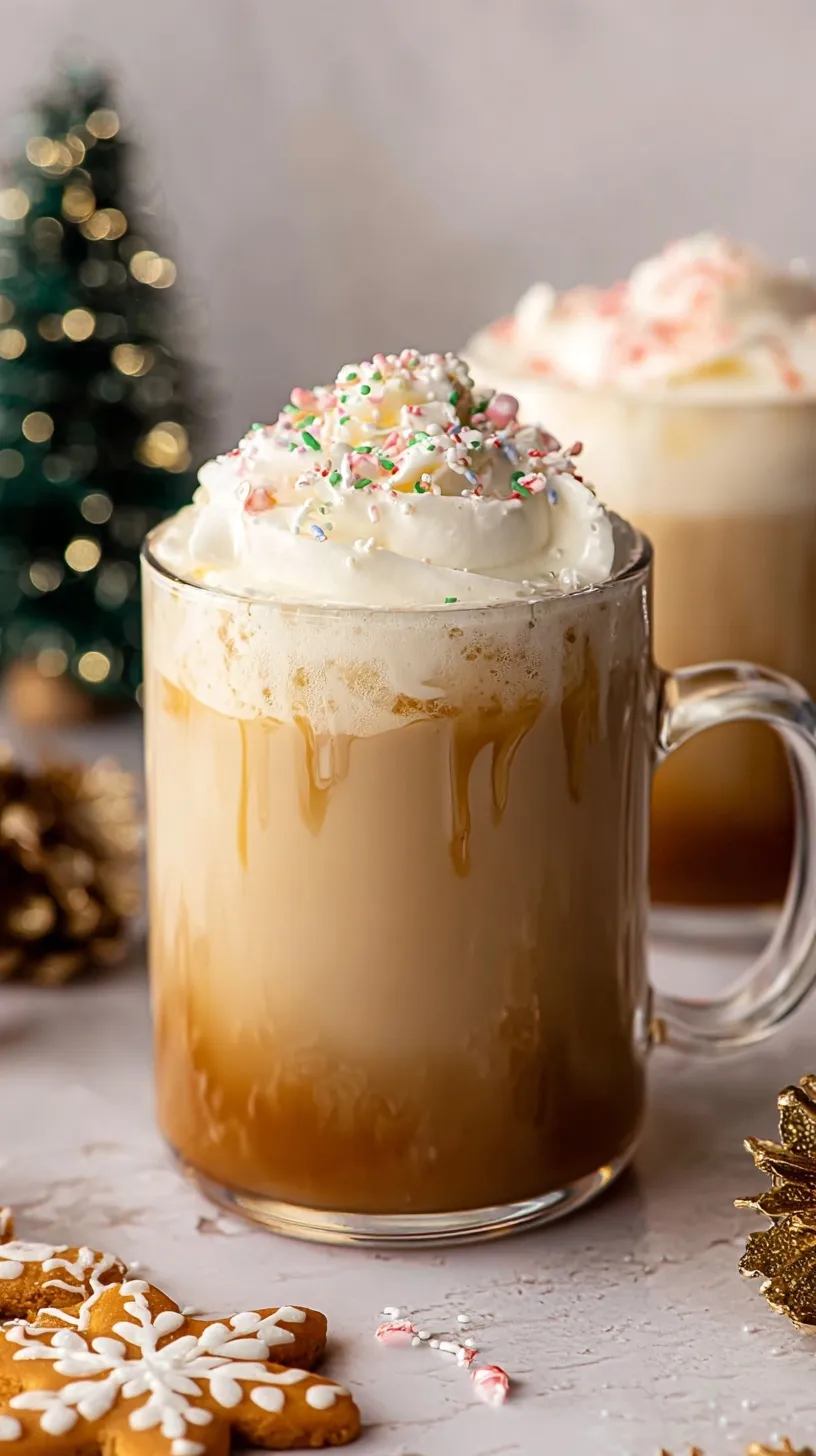 A tall glass of Iced Sugar Cookie Almondmilk Latte topped with red and green sprinkles and ice.