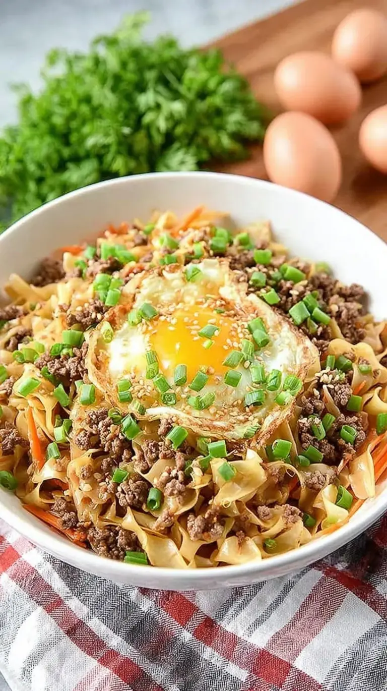 A savory bowl of ground pork and shredded cabbage garnished with green onions and sriracha