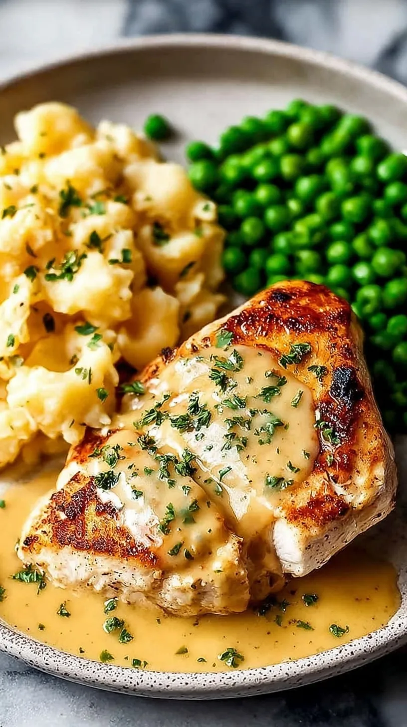 Golden pan-seared chicken breast smothered in a creamy white garlic and herb sauce with fresh green spinach.