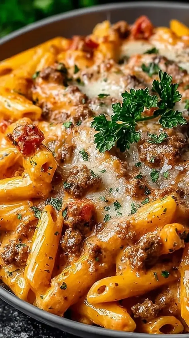 A close-up shot of creamy beef pasta in a skillet with melted parmesan and fresh parsley.
