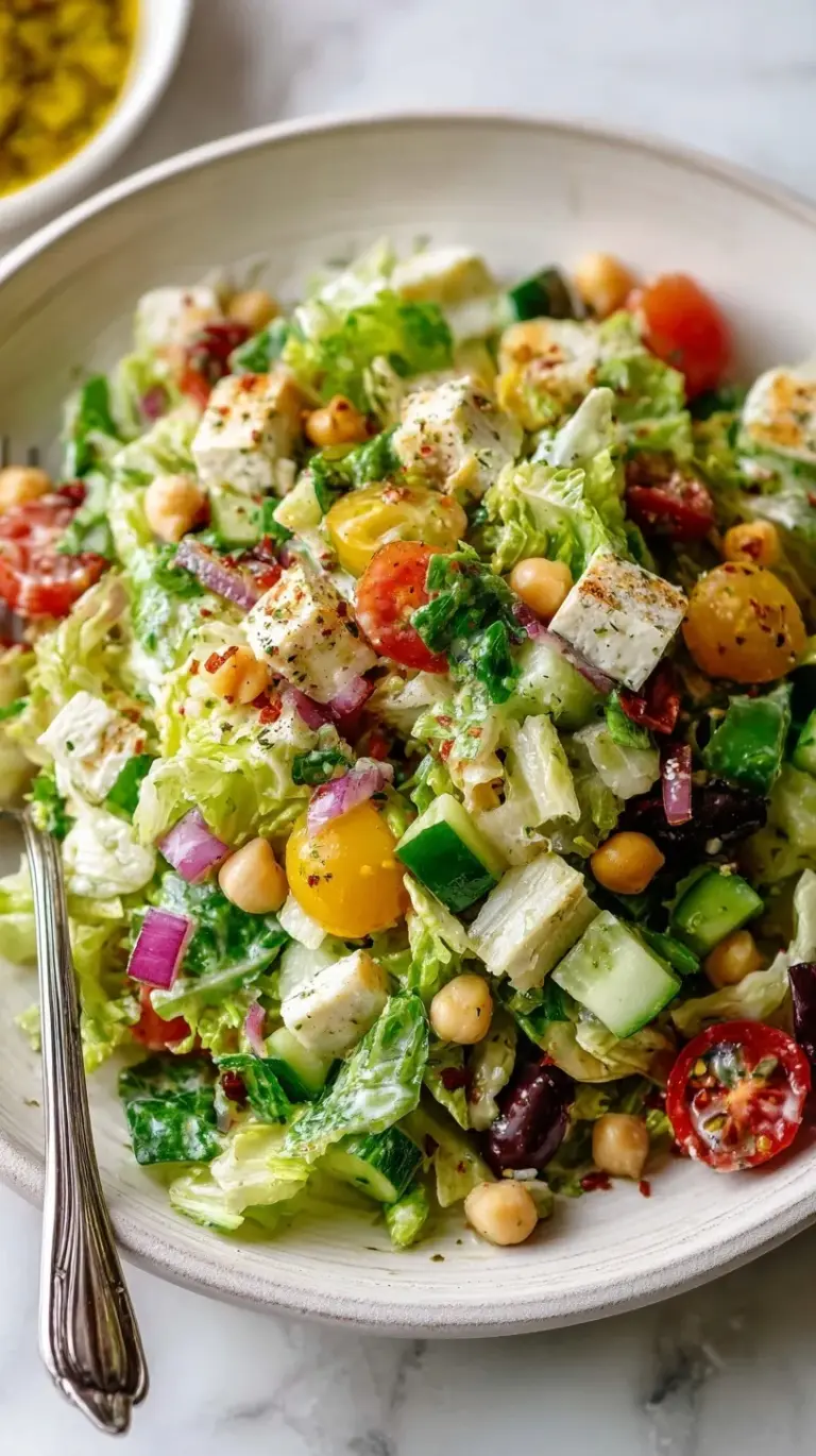 A vibrant Italian Chopped Salad with salami, provolone, and chickpeas in a large bowl
