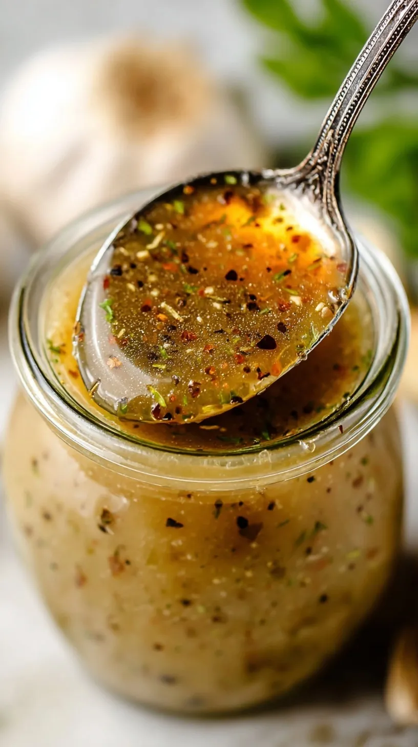 A glass jar filled with golden herb-infused Italian vinaigrette sitting on a wooden table next to fresh greens.