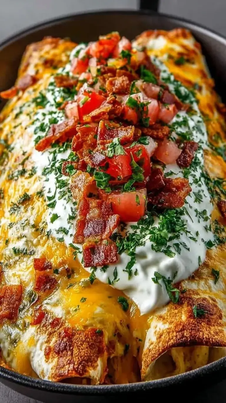 A baking dish filled with cheesy chicken enchiladas topped with green onions and bacon bits.