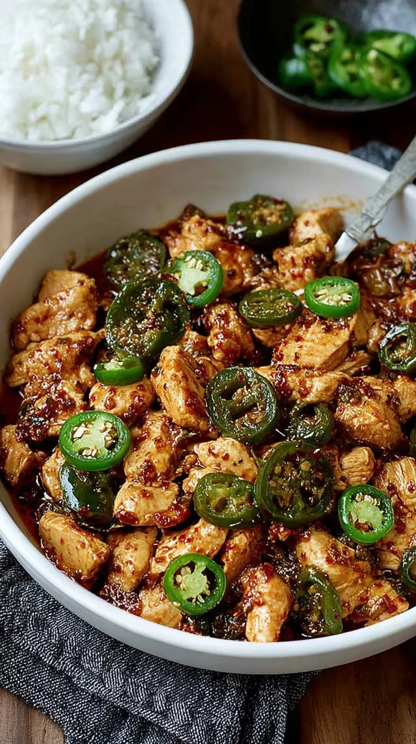 A close-up of spicy Jalapeno Chicken stir-fry over white rice with fresh sliced jalapenos and a glossy brown sauce.