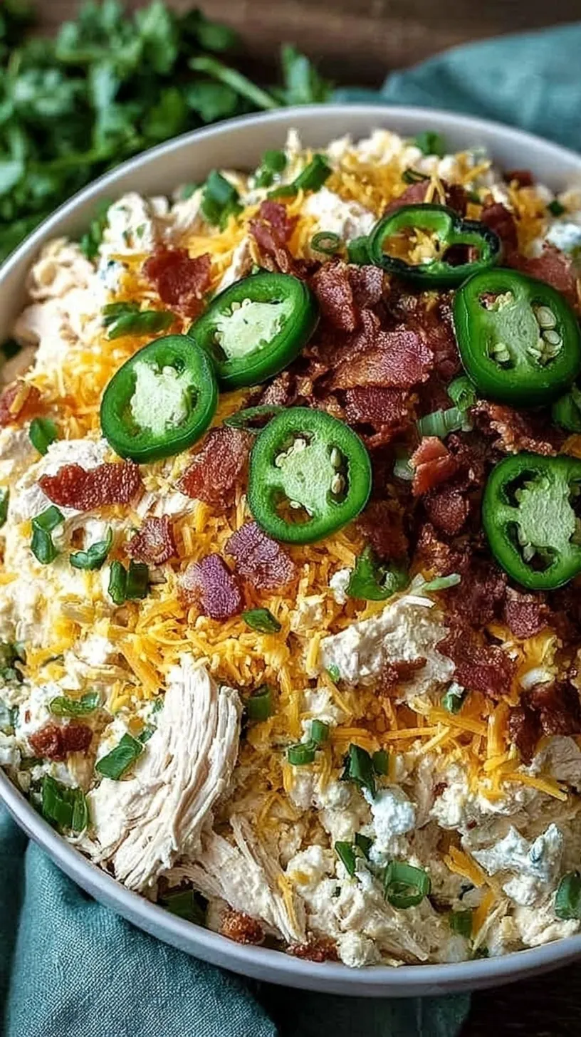 Creamy Jalapeno Popper Chicken Salad with bacon and cheddar cheese in a bowl