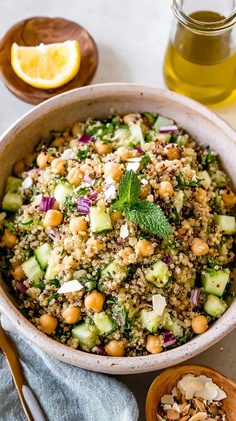 A vibrant Jennifer Aniston Salad in a white bowl with fresh herbs, pistachios, and feta cheese.