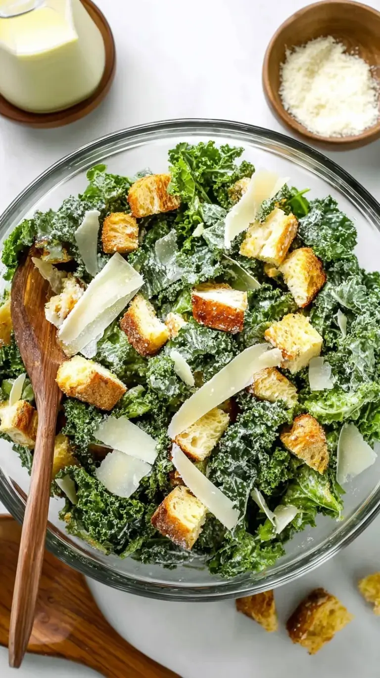 A bowl of massaged kale caesar salad with parmesan cheese and sourdough croutons
