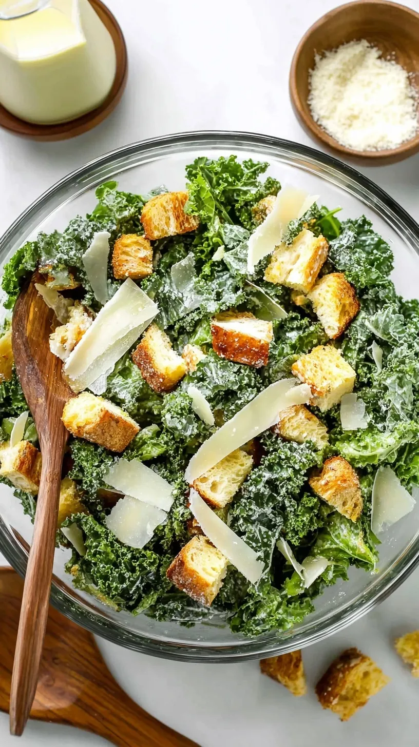A bowl of massaged kale caesar salad with parmesan cheese and sourdough croutons
