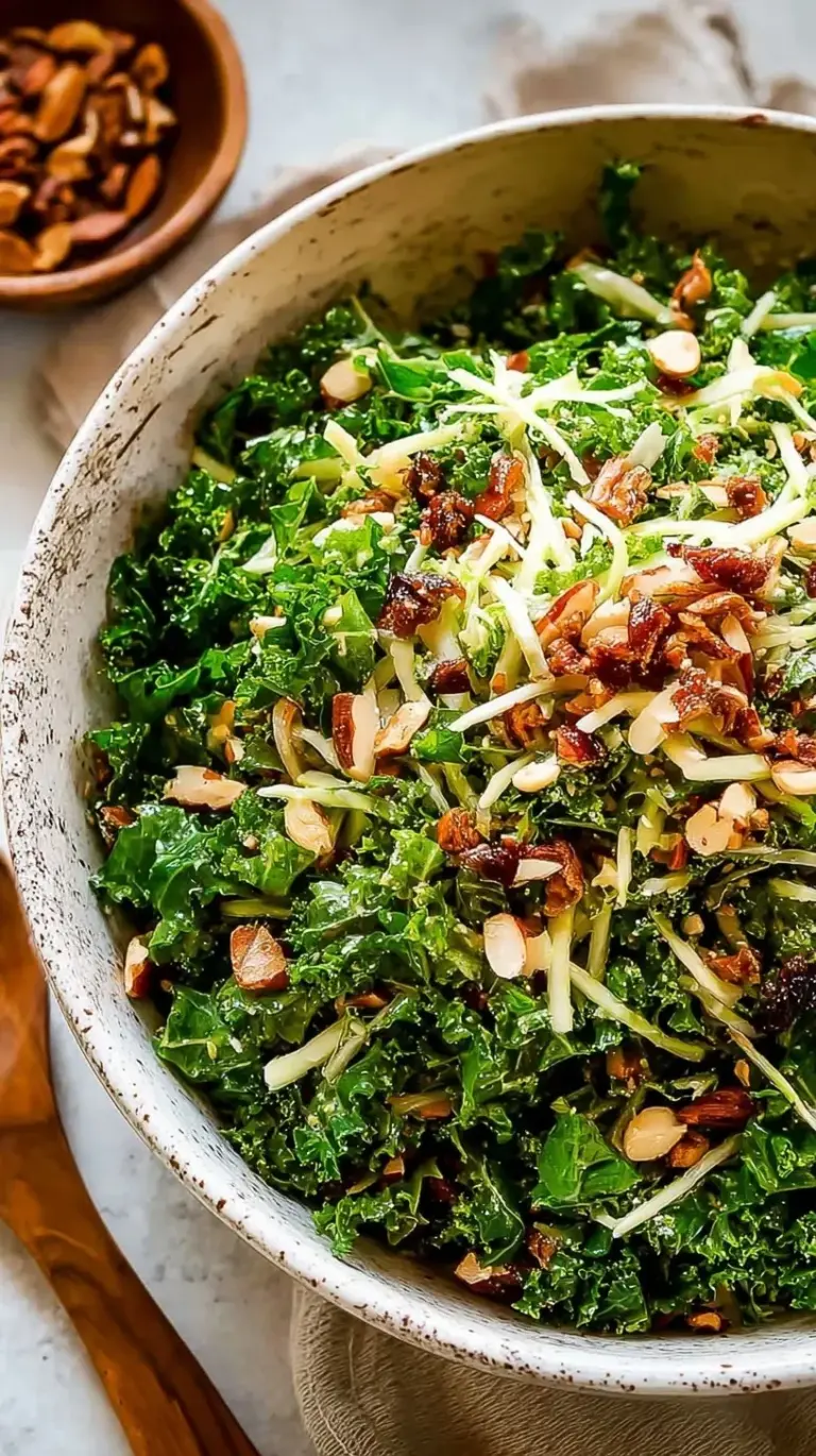 A fresh Kale Crunch Salad with shredded cabbage and roasted salted almonds in a large bowl.