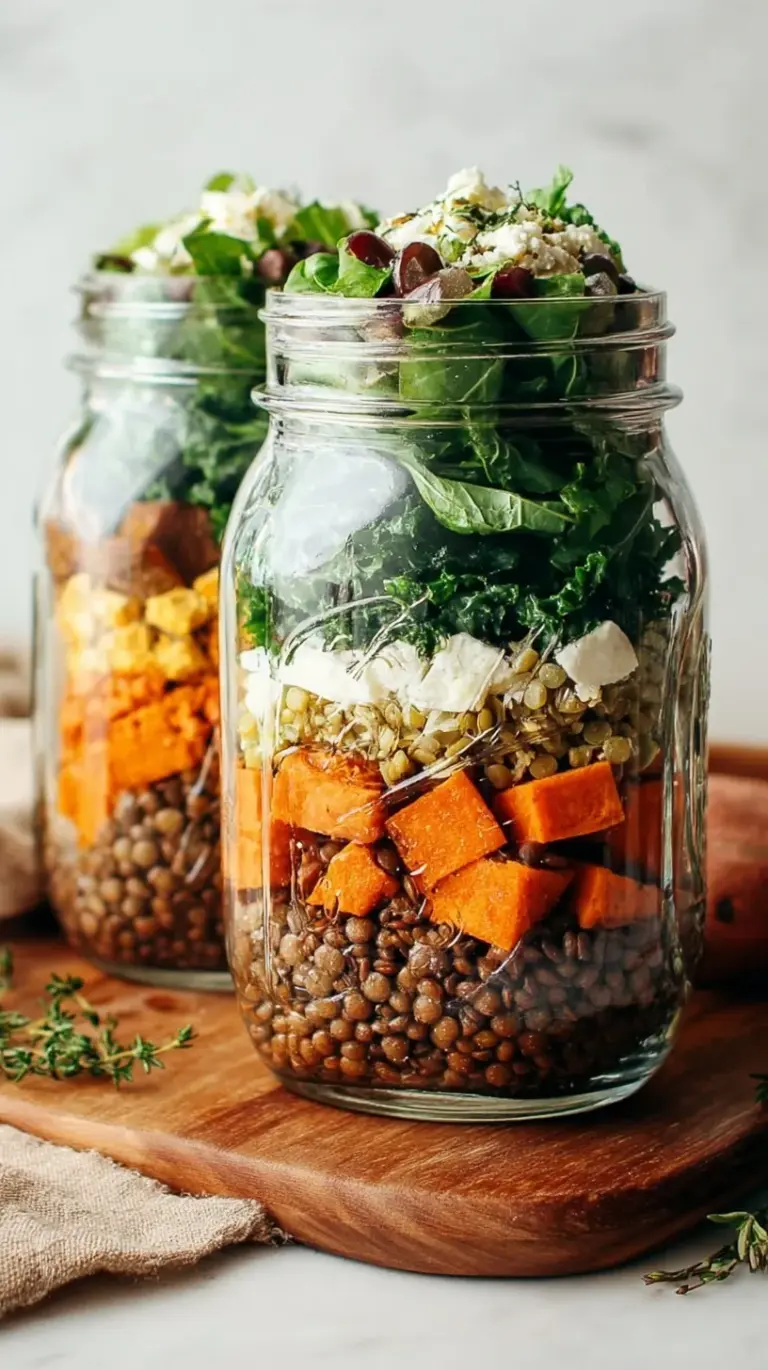 Four mason jars filled with layers of lentils, roasted sweet potatoes, massaged kale, and pumpkin seeds on a kitchen counter.