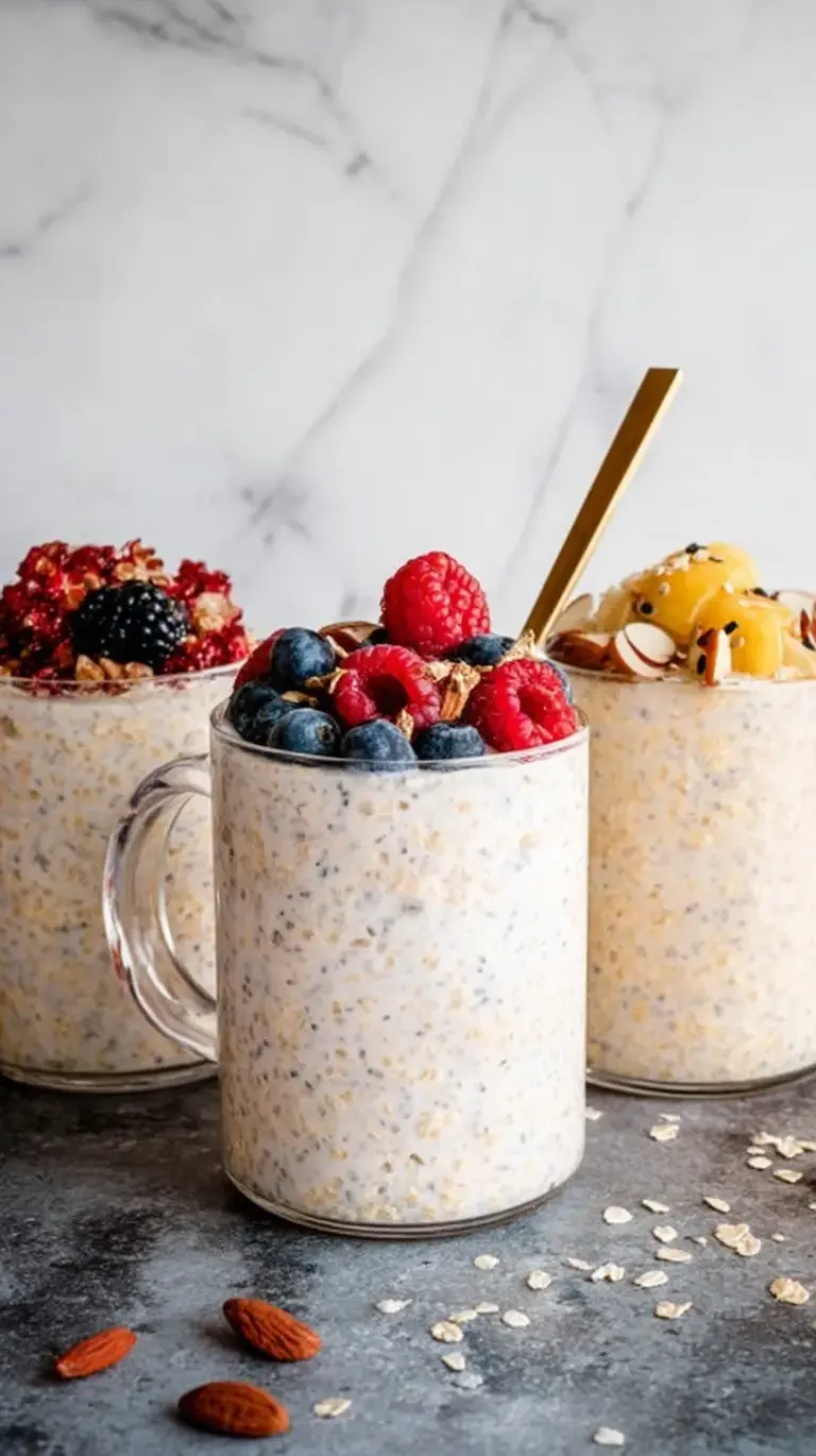A glass jar filled with creamy kefir overnight oats topped with fresh berries and seeds.