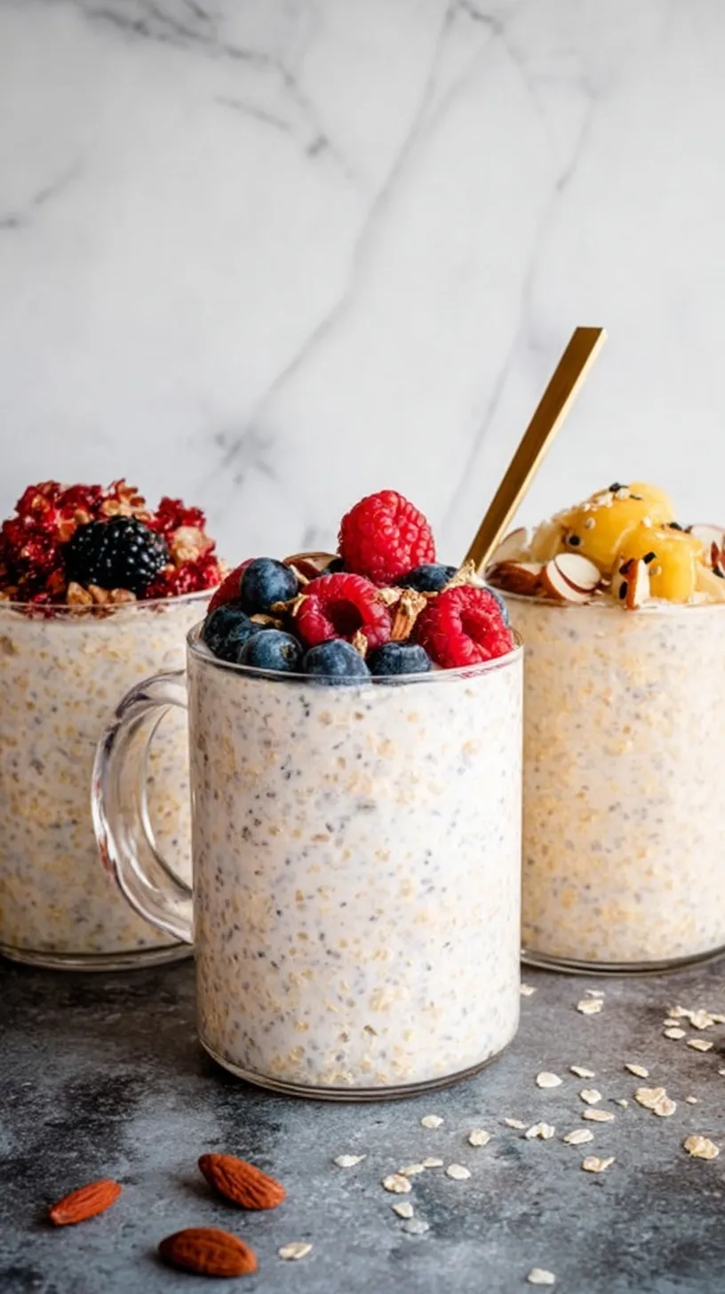 A glass jar filled with creamy kefir overnight oats topped with fresh berries and seeds.