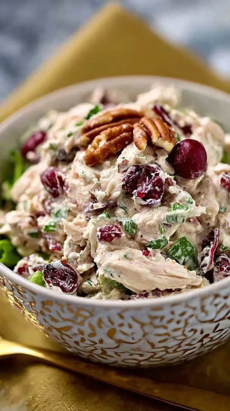 Creamy keto cranberry chicken salad with pecans and green onions in a white bowl