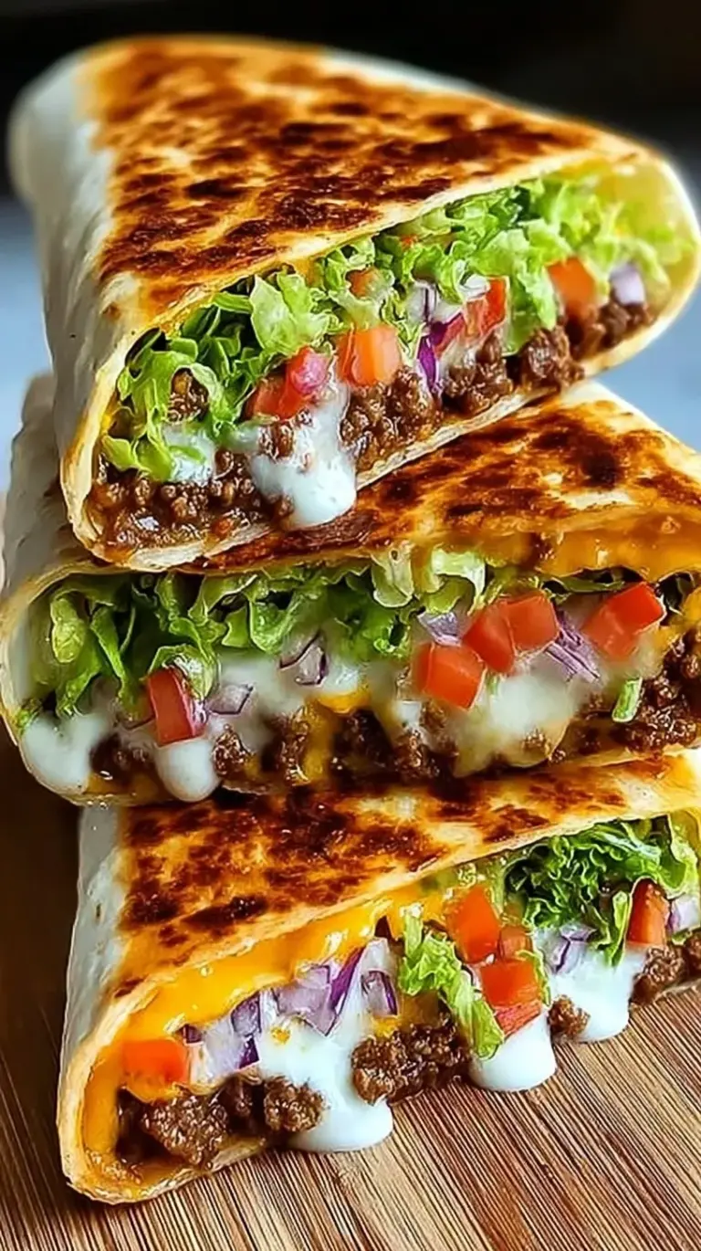 A crispy, golden-brown Keto Crunchwrap Supreme cut in half showing layers of beef, cheese, and lettuce.