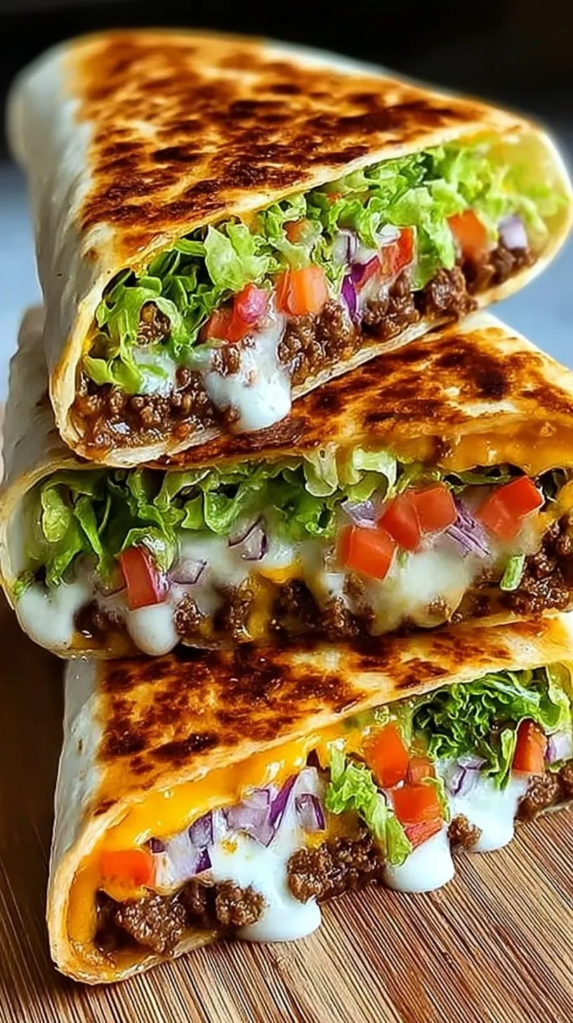 A crispy, golden-brown Keto Crunchwrap Supreme cut in half showing layers of beef, cheese, and lettuce.