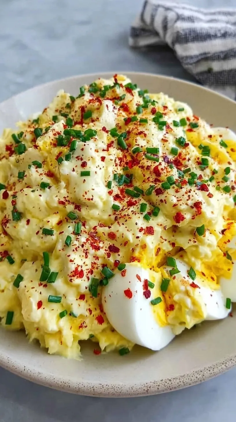 Creamy keto deviled egg salad in a bowl topped with chives and paprika