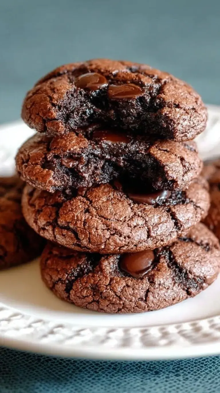 A stack of thick, dark chocolate keto flourless fudge cookies with melted sugar-free chocolate chips.